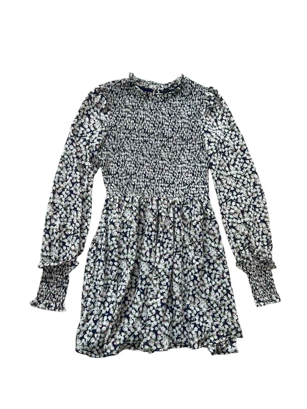 Lulu's Navy and White Smocked Floral Long-Sleeve Dress